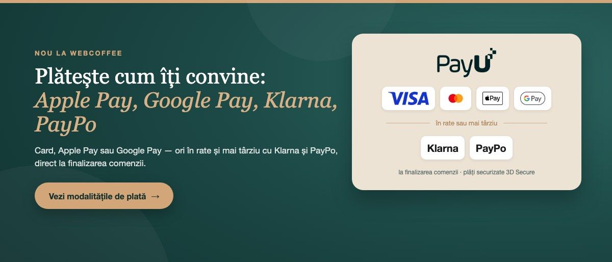 Plată cu cardul, Apple Pay, Google Pay, Klarna sau PayPo prin PayU la WebCoffee