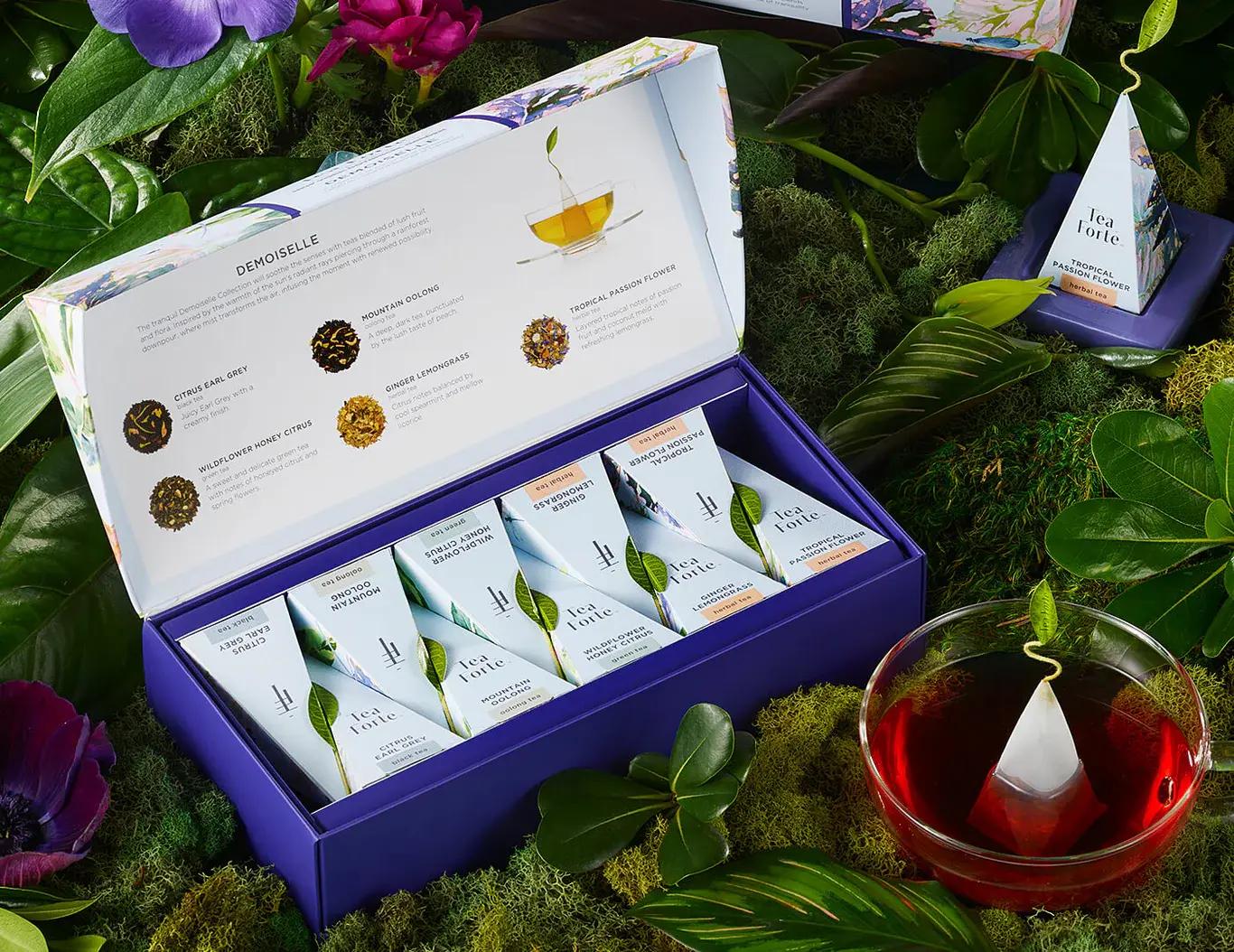 TeaForte Ceai organic Petite Ribbon Box Demoiselle ECO, vedere 3, cutie cu 10 piramide