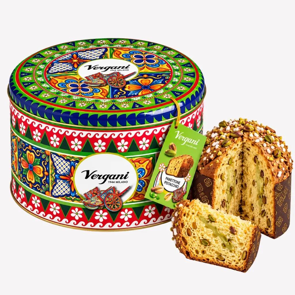 Vergani Panettone Sicily Trip Pistachio în cutie metalică, desert italian de 750 g